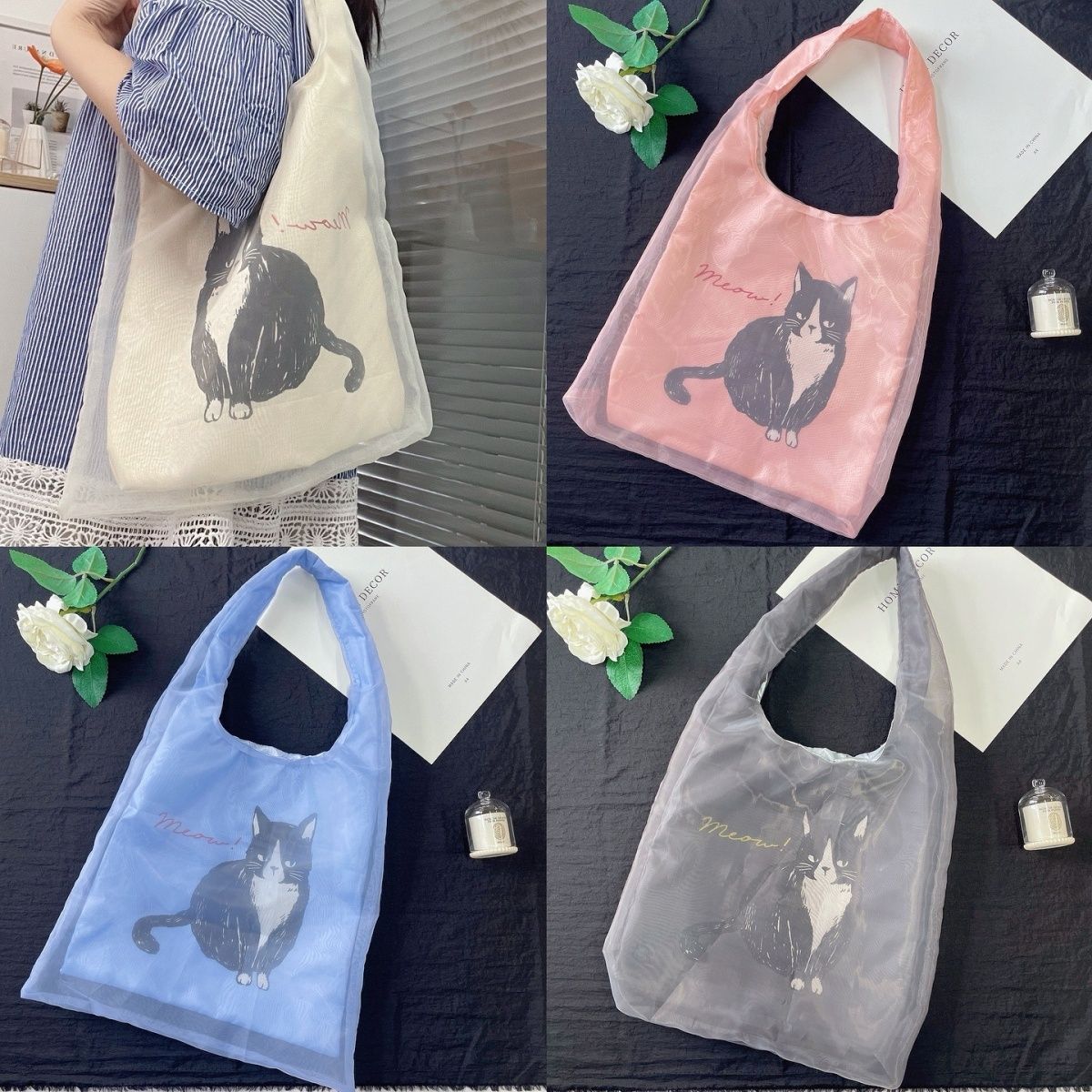 Kusuguru可爱猫咪刺绣欧根纱双层单肩版化妆包收纳包手提包购物袋