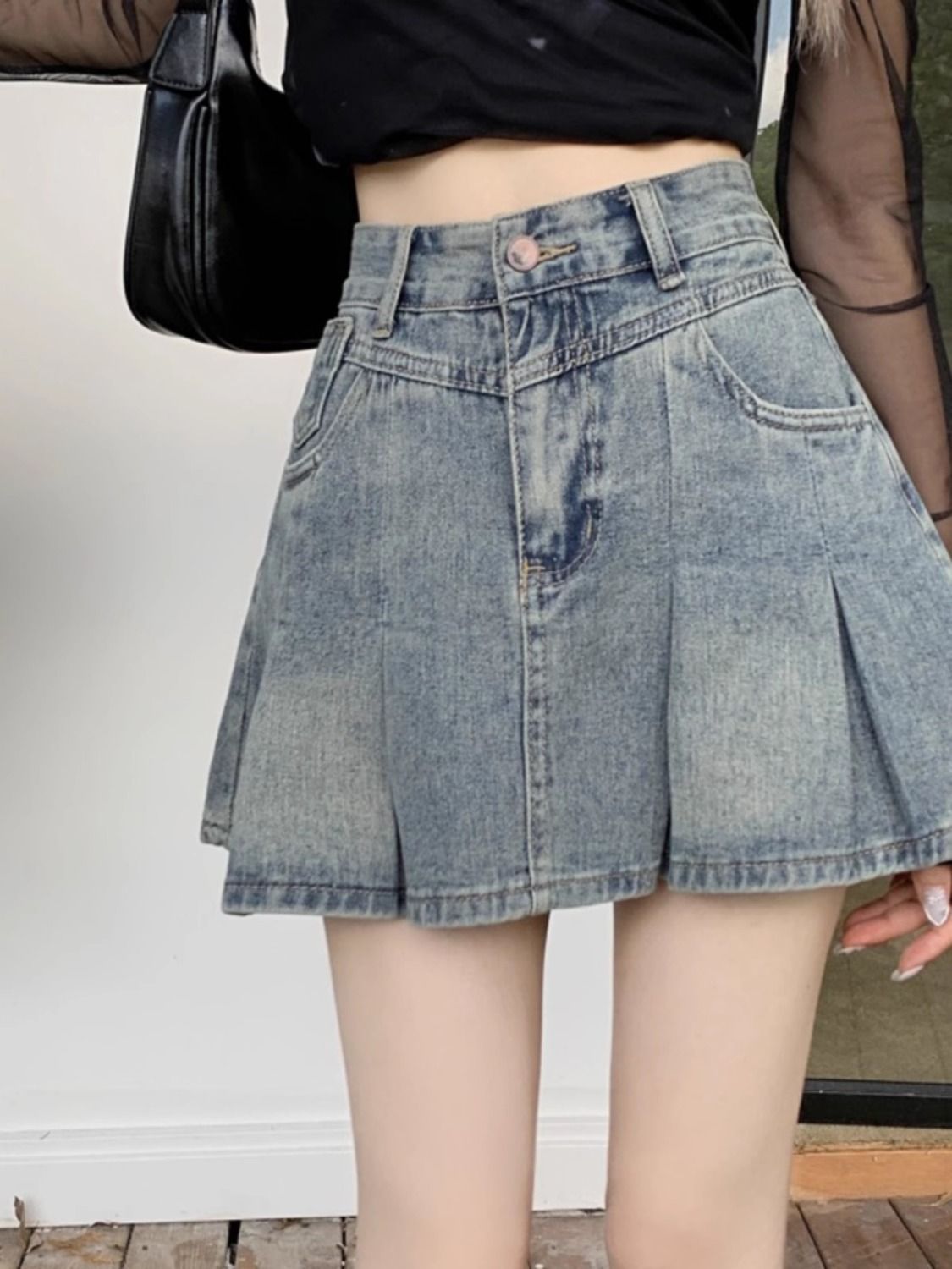 High-waisted denim A-line skirt early spring, autumn and summer 2024 new style small pleated skirt hot style for women