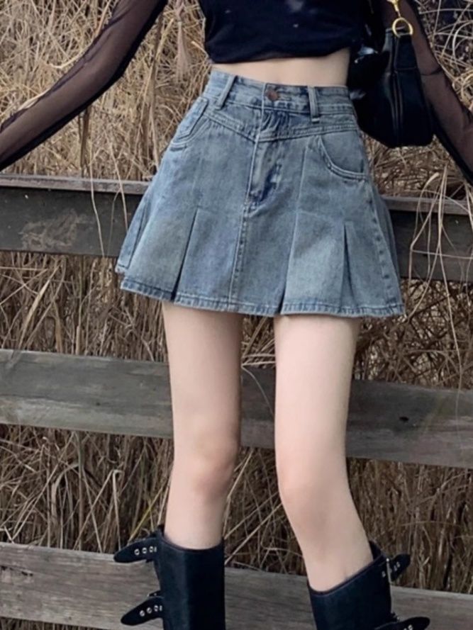 High-waisted denim A-line skirt early spring, autumn and summer 2024 new style small pleated skirt hot style for women