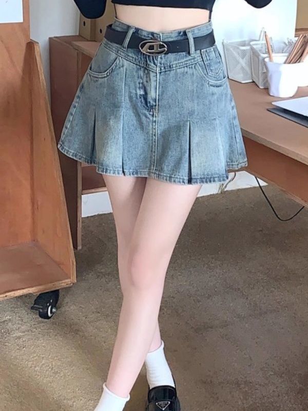 High-waisted denim A-line skirt early spring, autumn and summer 2024 new style small pleated skirt hot style for women