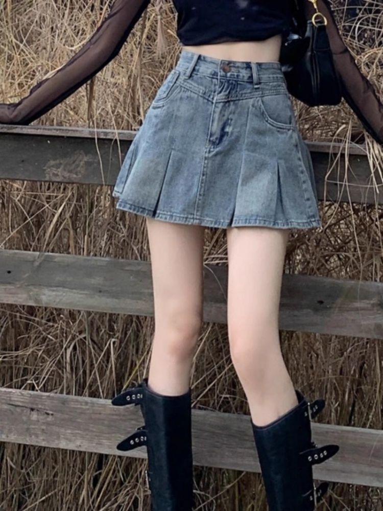 High-waisted denim A-line skirt early spring, autumn and summer 2024 new style small pleated skirt hot style for women