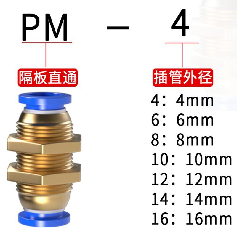 穿板气管接头气动气管快速快插接头隔板直通过板穿墙接头PM4/6/8 图片 2
