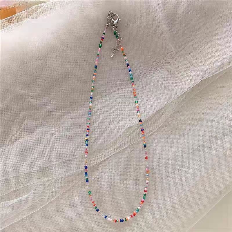 Korean retro colored beaded rice bead necklace girl style rainbow rice bead necklace bohemian color necklace