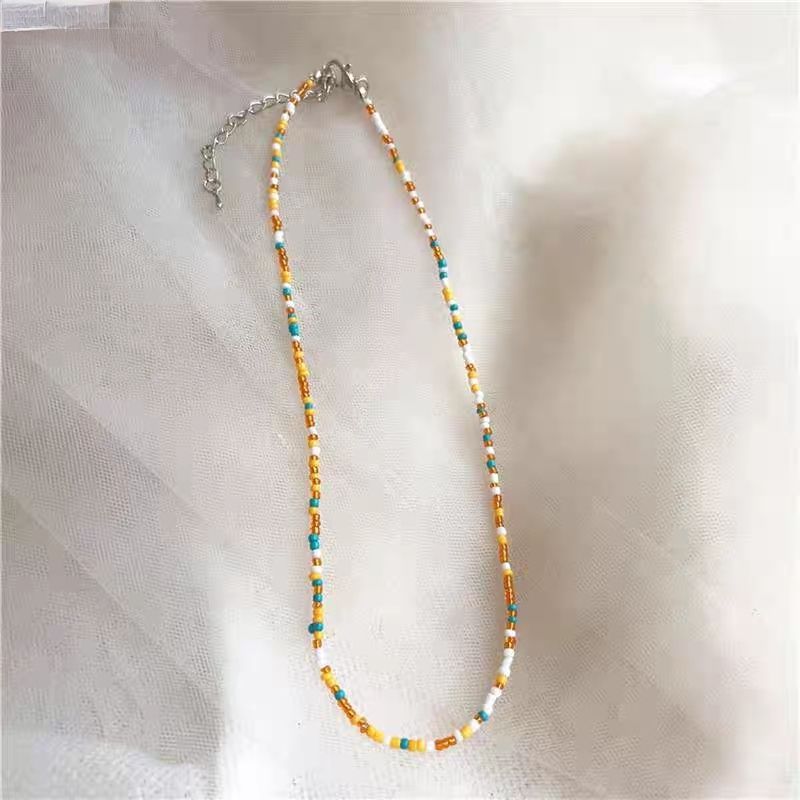 Korean retro colored beaded rice bead necklace girl style rainbow rice bead necklace bohemian color necklace