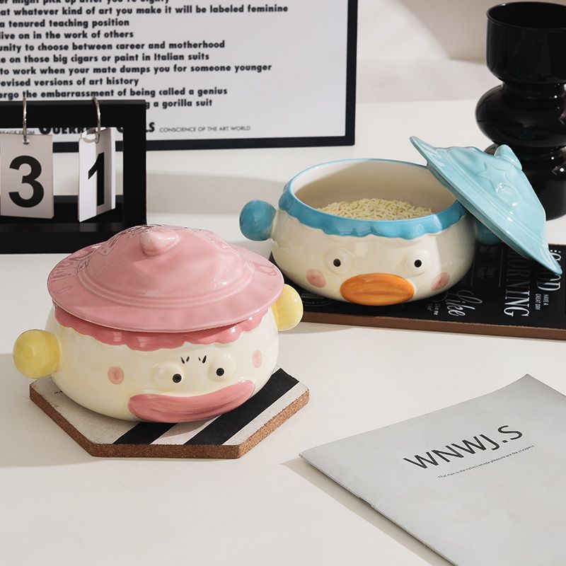 Clown Instant-Nudelschüssel aus Keramik für Studentenwohnheime mit Deckel und Griff, niedlich, kreativ, lustig, breite Öffnung, große, praktische Suppenschüssel_voghion.com