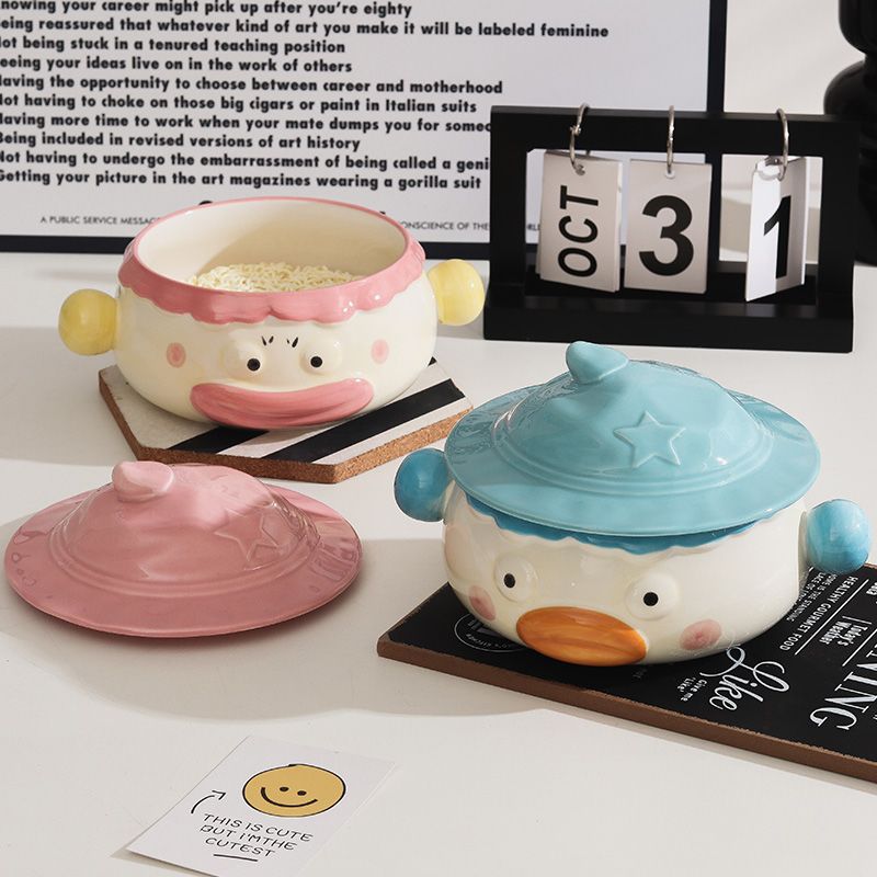 Clown Instant-Nudelschüssel aus Keramik für Studentenwohnheime mit Deckel und Griff, niedlich, kreativ, lustig, breite Öffnung, große, praktische Suppenschüssel_voghion.com