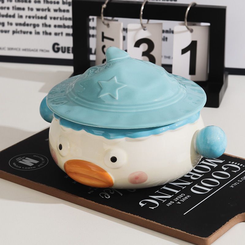 Clown Instant-Nudelschüssel aus Keramik für Studentenwohnheime mit Deckel und Griff, niedlich, kreativ, lustig, breite Öffnung, große, praktische Suppenschüssel_voghion.com