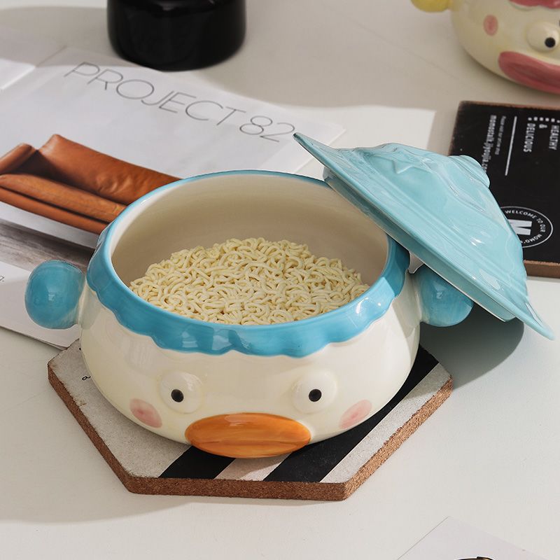 Clown Instant-Nudelschüssel aus Keramik für Studentenwohnheime mit Deckel und Griff, niedlich, kreativ, lustig, breite Öffnung, große, praktische Suppenschüssel_voghion.com