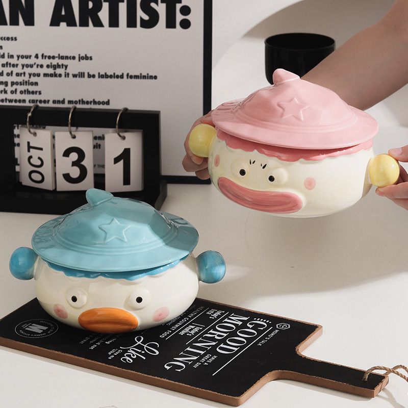Clown Instant-Nudelschüssel aus Keramik für Studentenwohnheime mit Deckel und Griff, niedlich, kreativ, lustig, breite Öffnung, große, praktische Suppenschüssel_voghion.com