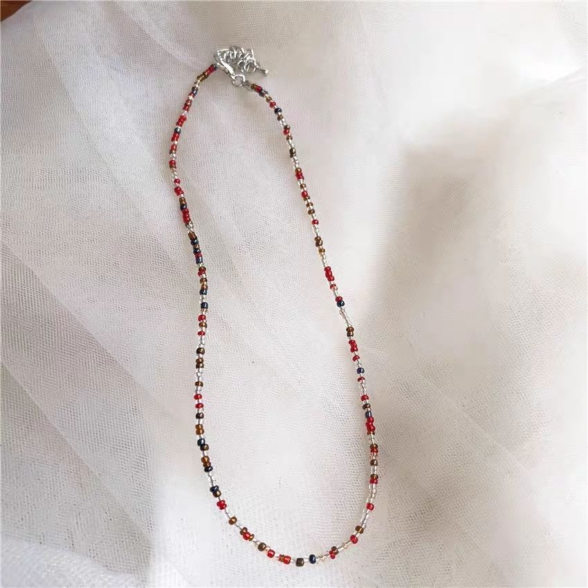 Korean retro colored beaded rice bead necklace girl style rainbow rice bead necklace bohemian color necklace