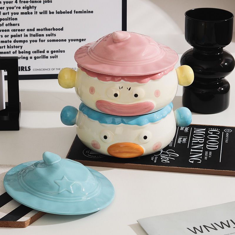 Clown Instant-Nudelschüssel aus Keramik für Studentenwohnheime mit Deckel und Griff, niedlich, kreativ, lustig, breite Öffnung, große, praktische Suppenschüssel_voghion.com