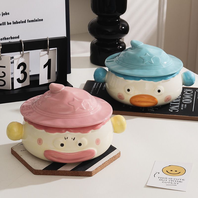Clown Instant-Nudelschüssel aus Keramik für Studentenwohnheime mit Deckel und Griff, niedlich, kreativ, lustig, breite Öffnung, große, praktische Suppenschüssel_voghion.com