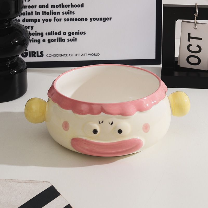 Clown Instant-Nudelschüssel aus Keramik für Studentenwohnheime mit Deckel und Griff, niedlich, kreativ, lustig, breite Öffnung, große, praktische Suppenschüssel_voghion.com
