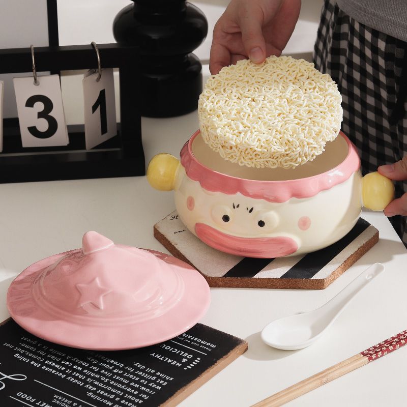 Clown Instant-Nudelschüssel aus Keramik für Studentenwohnheime mit Deckel und Griff, niedlich, kreativ, lustig, breite Öffnung, große, praktische Suppenschüssel_voghion.com