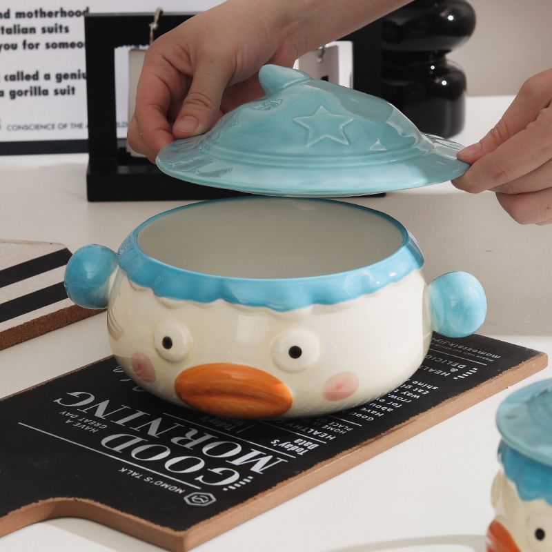 Clown Instant-Nudelschüssel aus Keramik für Studentenwohnheime mit Deckel und Griff, niedlich, kreativ, lustig, breite Öffnung, große, praktische Suppenschüssel_voghion.com