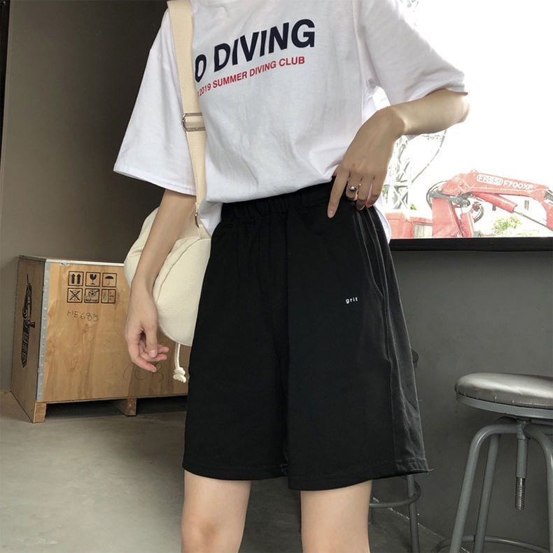 100% pure cotton trousers women's summer BF medium pants straight Hong Kong style loose wide leg casual sports shorts ins trend