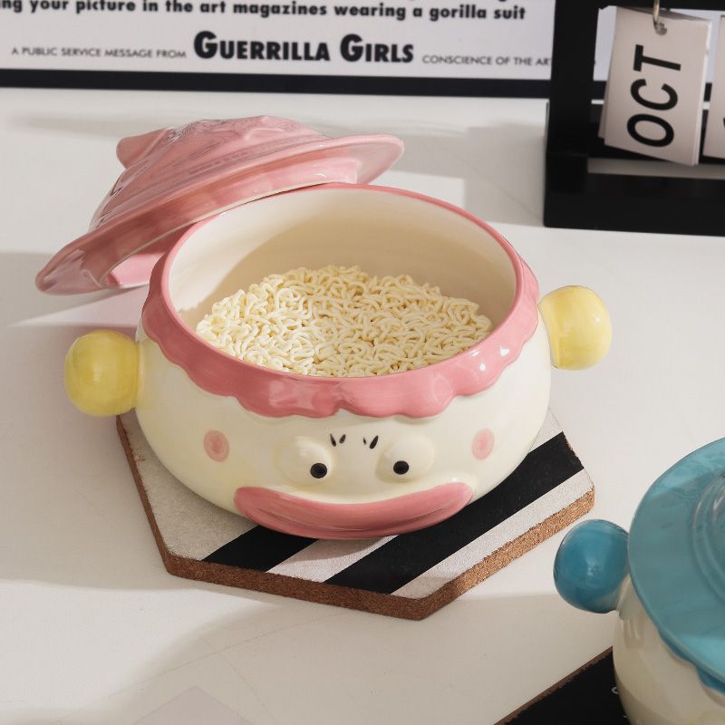 Clown Instant-Nudelschüssel aus Keramik für Studentenwohnheime mit Deckel und Griff, niedlich, kreativ, lustig, breite Öffnung, große, praktische Suppenschüssel_voghion.com