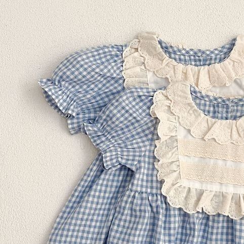 Sommerlicher Baby-Strampler im koreanischen Stil mit kariertem Spitzenkragen, Jumpsuit für Mädchen, Kleid für Schwestern_voghion.com