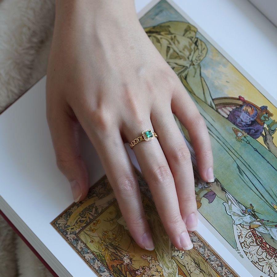 Green Diamond Ring S925 Sterling Silver Adjustable Retro Style_voghion.com