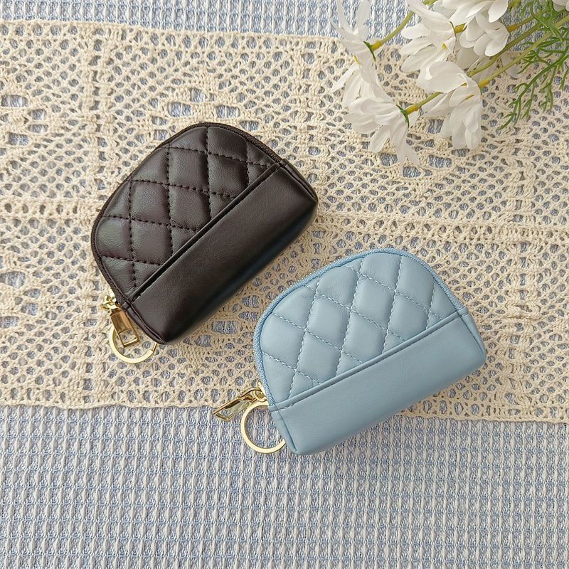 Porta-moedas compacto feminino, modelo coreano 2025, com bordado simples, acolchoado, zíper, porta-cartões, mini carteira e porta-chaves._voghion.com