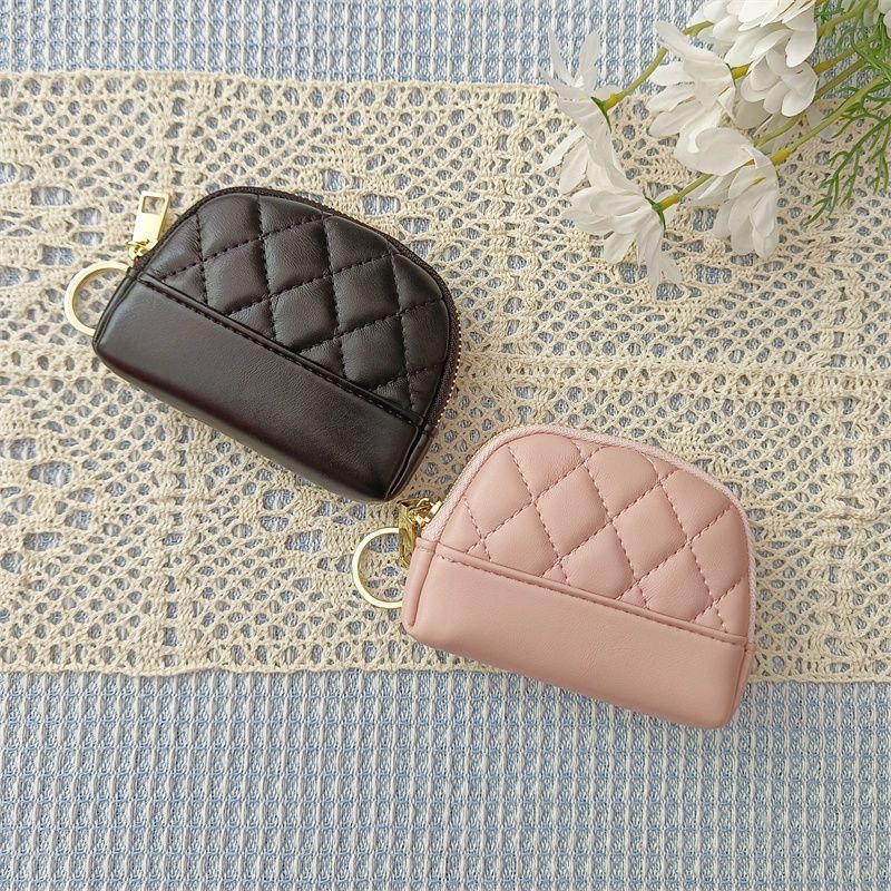 Porta-moedas compacto feminino, modelo coreano 2025, com bordado simples, acolchoado, zíper, porta-cartões, mini carteira e porta-chaves._voghion.com
