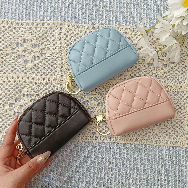 Porta-moedas compacto feminino, modelo coreano 2025, com bordado simples, acolchoado, zíper, porta-cartões, mini carteira e porta-chaves._voghion.com