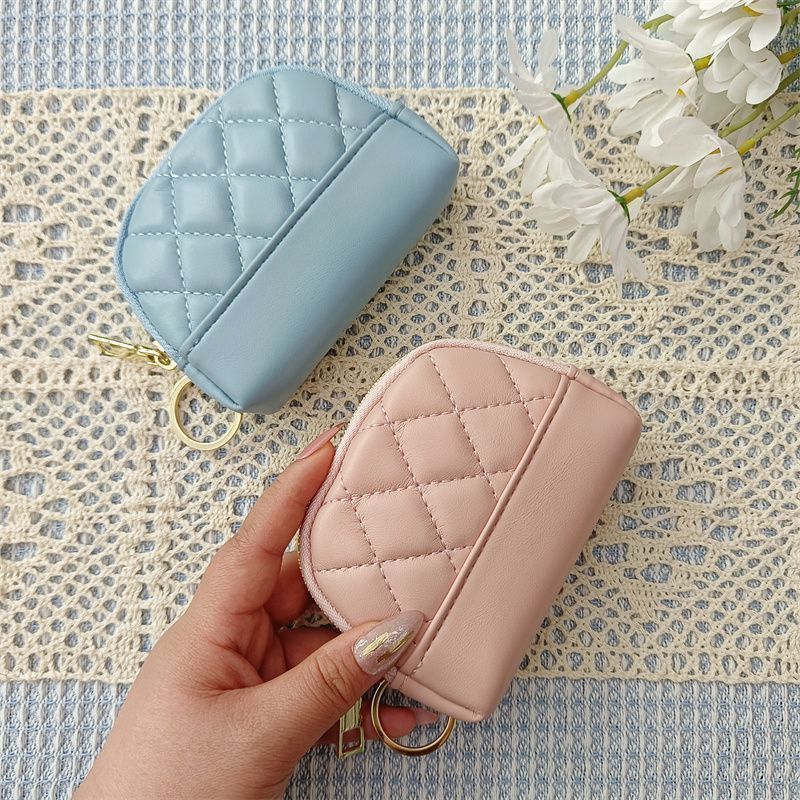 Porta-moedas compacto feminino, modelo coreano 2025, com bordado simples, acolchoado, zíper, porta-cartões, mini carteira e porta-chaves._voghion.com