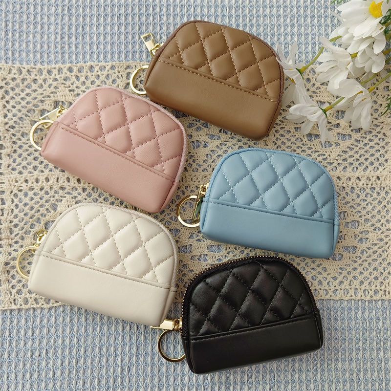 Porta-moedas compacto feminino, modelo coreano 2025, com bordado simples, acolchoado, zíper, porta-cartões, mini carteira e porta-chaves._voghion.com