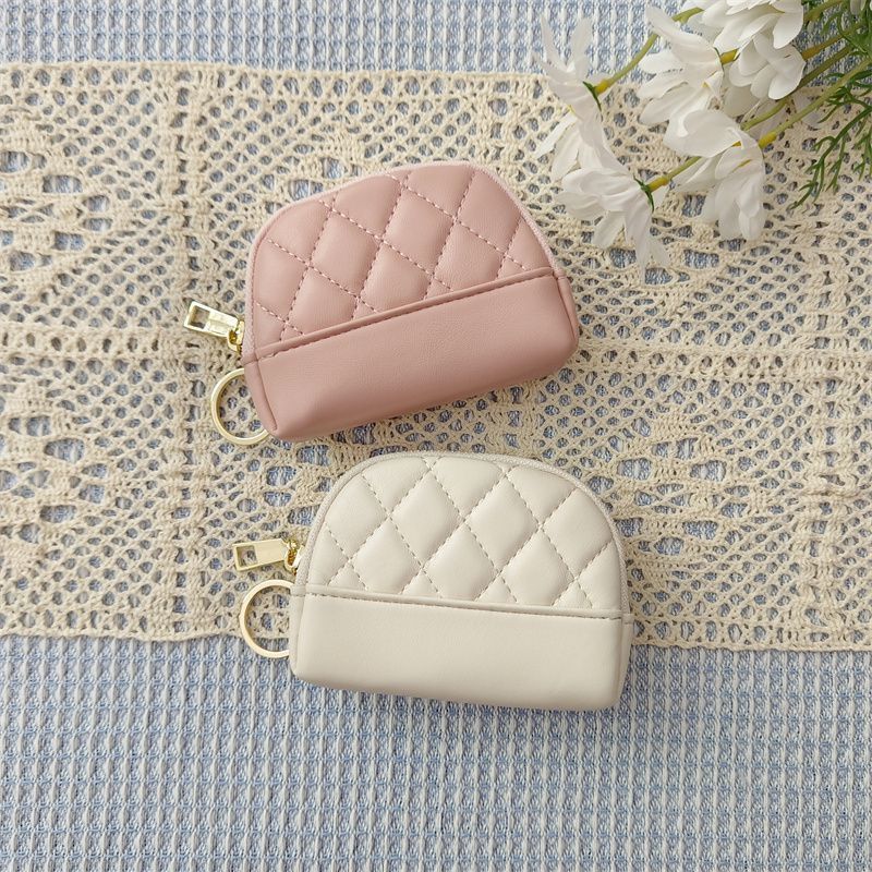Porta-moedas compacto feminino, modelo coreano 2025, com bordado simples, acolchoado, zíper, porta-cartões, mini carteira e porta-chaves._voghion.com