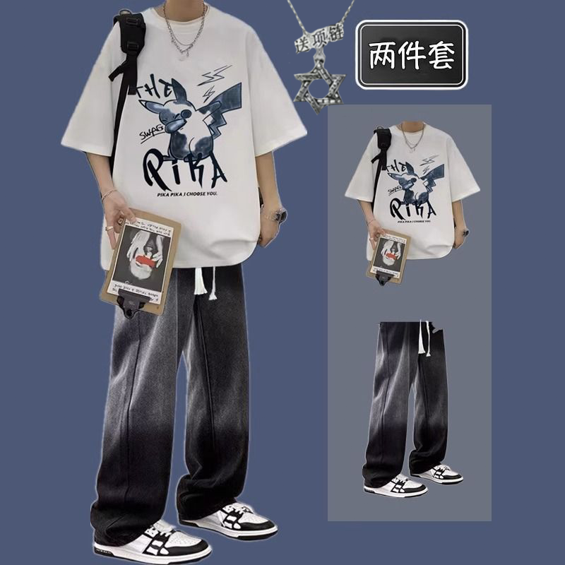 港风青少年短袖t恤夏季休闲套装男潮流一套搭配牛仔裤帅气两件装