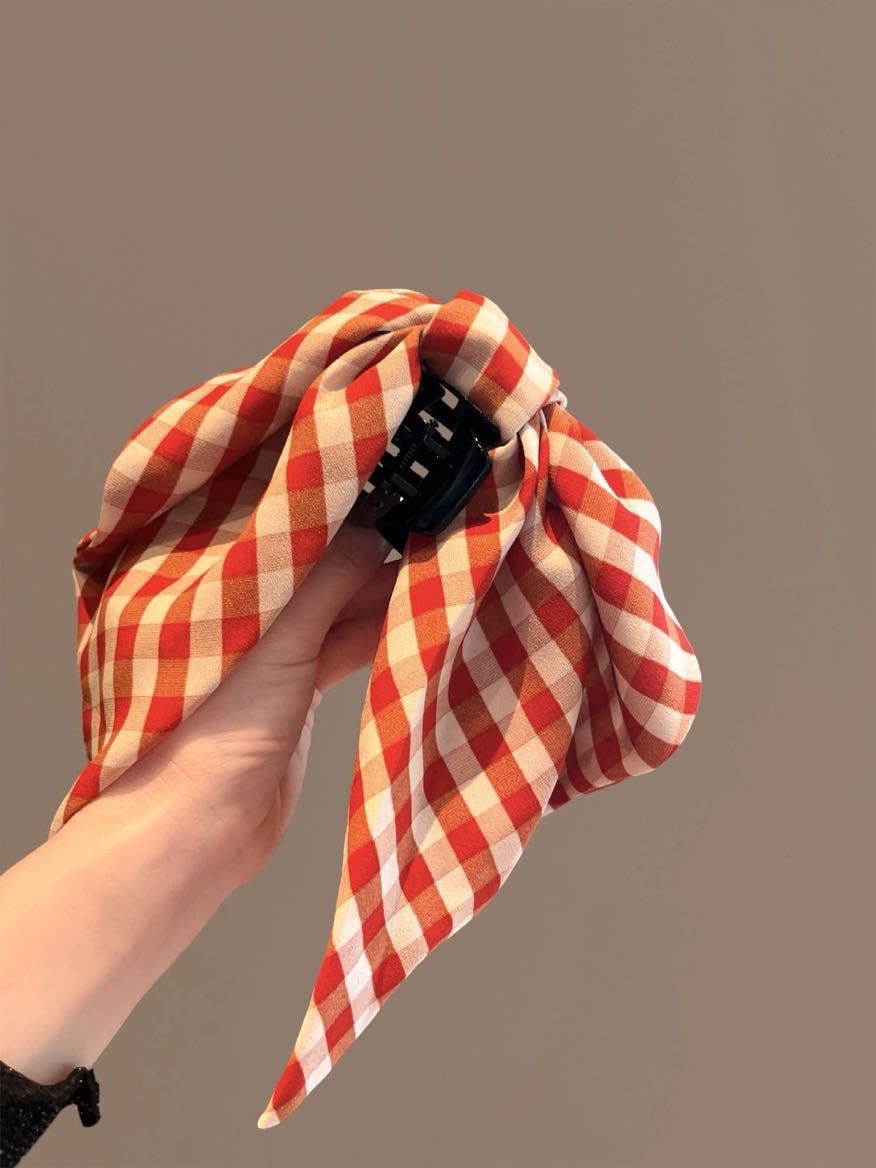 Pinza per capelli con fiocco orecchie coniglio rosso a quadri donna_voghion.com