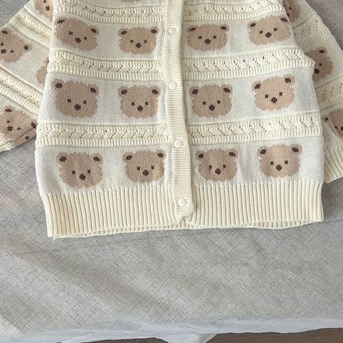 Korean-Style Newborn Pure Cotton Versatile Embroidered Bear Sweater Cardigan, Thickened Autumn Winter Coat For Infants_voghion.com