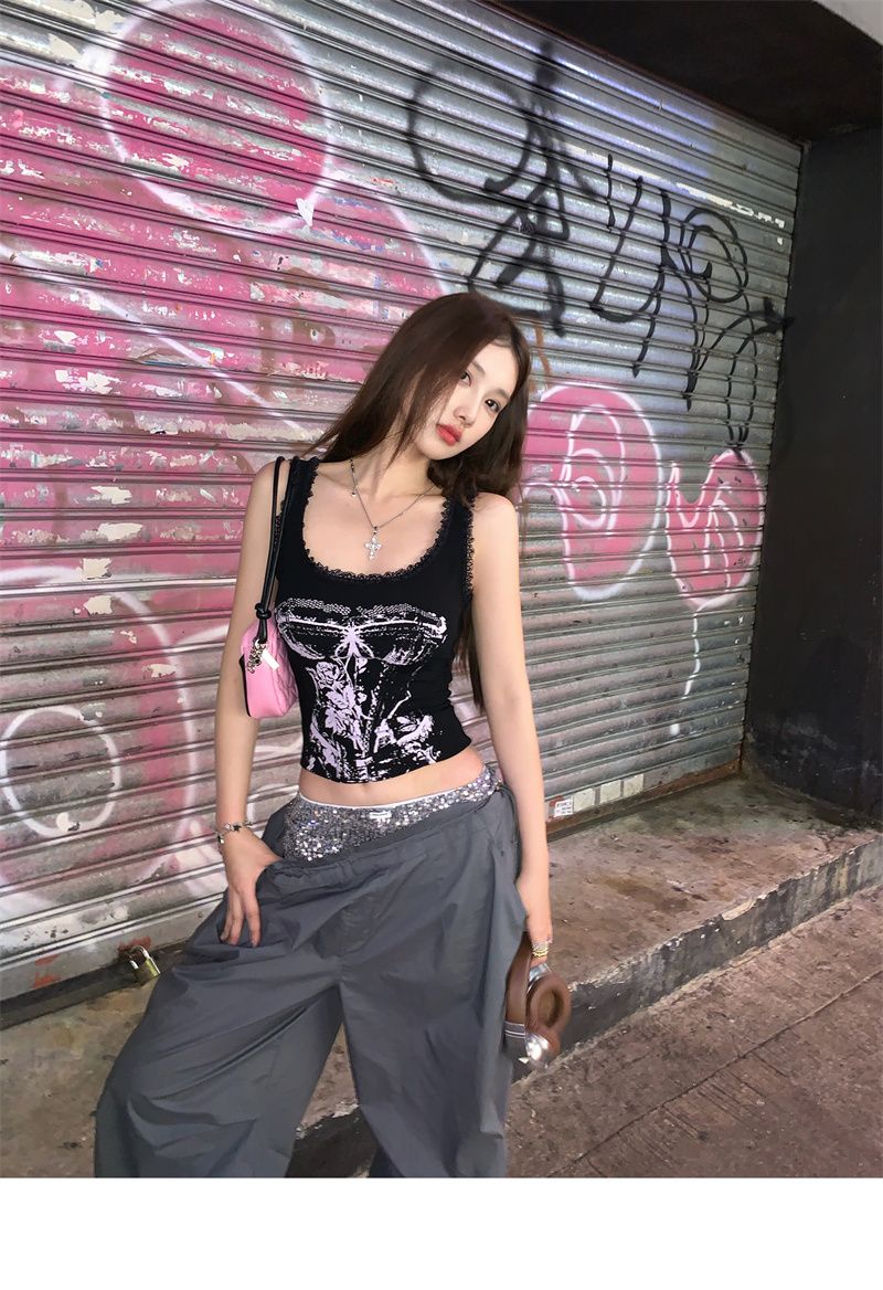 Hot Girl Retro European And American High Street Camisole For Women, Spring/summer Lace Trim Patchwork Slim-fit Short_ecoleips.com