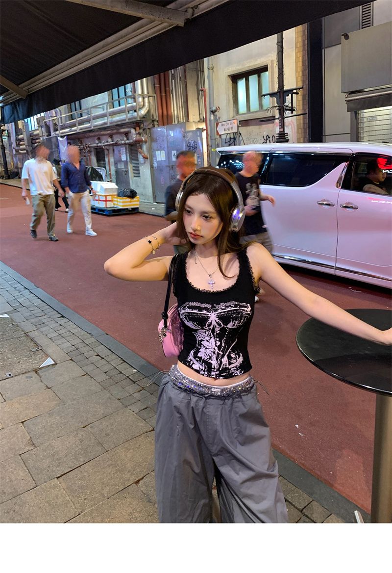 Hot Girl Retro European And American High Street Camisole For Women, Spring/summer Lace Trim Patchwork Slim-fit Short_ecoleips.com