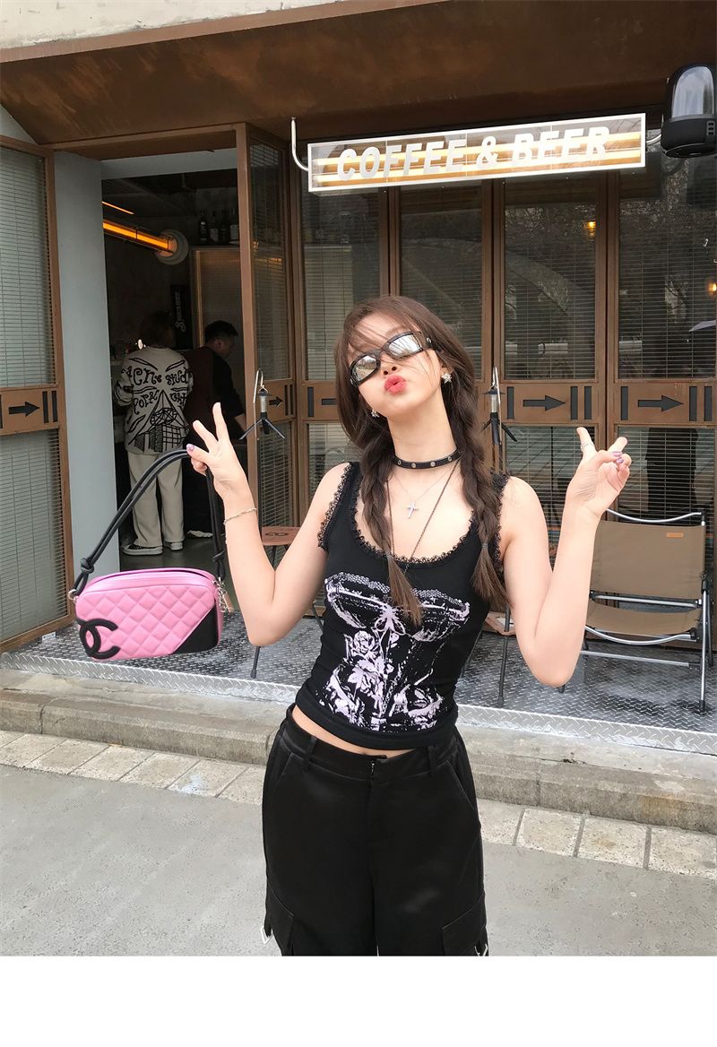 Hot Girl Retro European And American High Street Camisole For Women, Spring/summer Lace Trim Patchwork Slim-fit Short_ecoleips.com