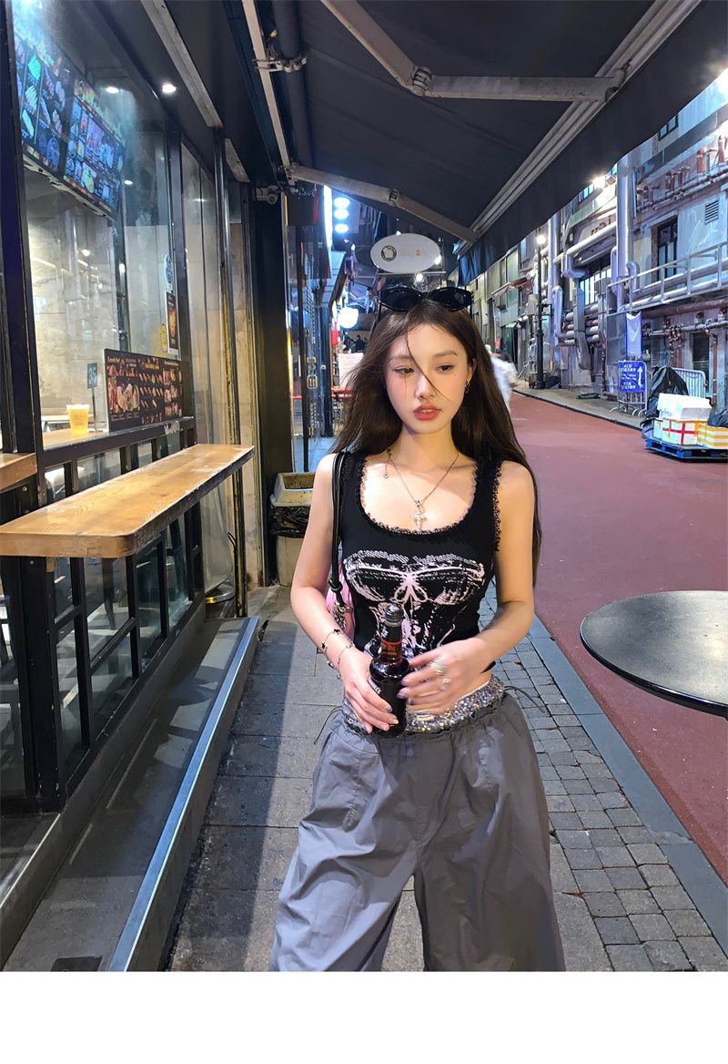 Hot Girl Retro European And American High Street Camisole For Women, Spring/summer Lace Trim Patchwork Slim-fit Short_ecoleips.com