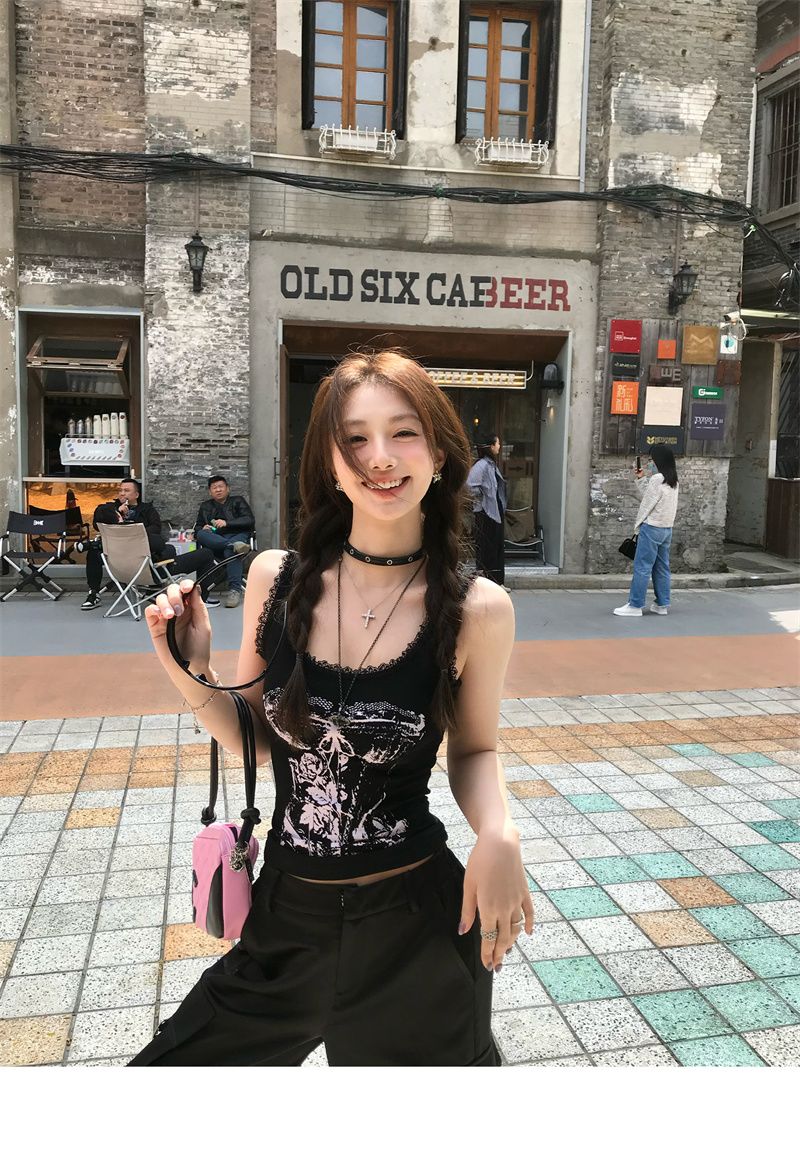 Hot Girl Retro European And American High Street Camisole For Women, Spring/summer Lace Trim Patchwork Slim-fit Short_ecoleips.com