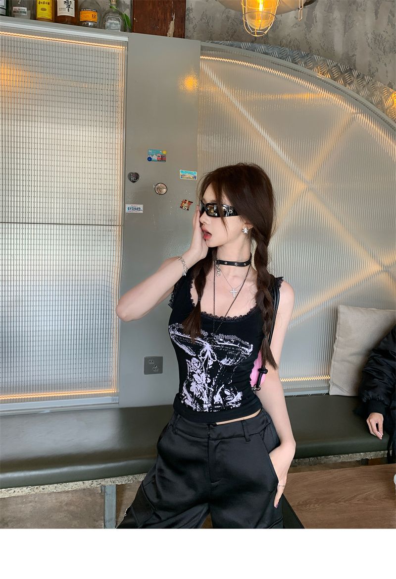 Hot Girl Retro European And American High Street Camisole For Women, Spring/summer Lace Trim Patchwork Slim-fit Short_ecoleips.com