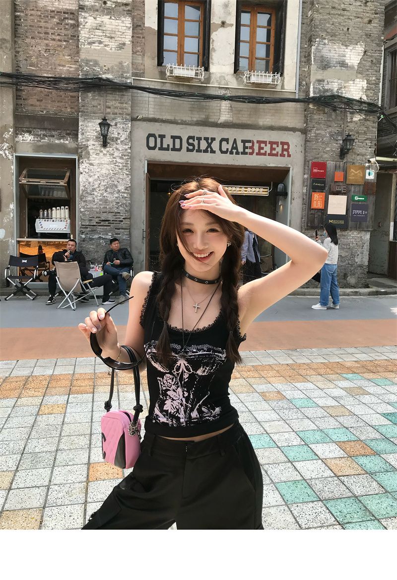Hot Girl Retro European And American High Street Camisole For Women, Spring/summer Lace Trim Patchwork Slim-fit Short_ecoleips.com