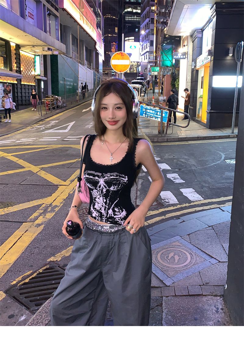 Hot Girl Retro European And American High Street Camisole For Women, Spring/summer Lace Trim Patchwork Slim-fit Short_ecoleips.com