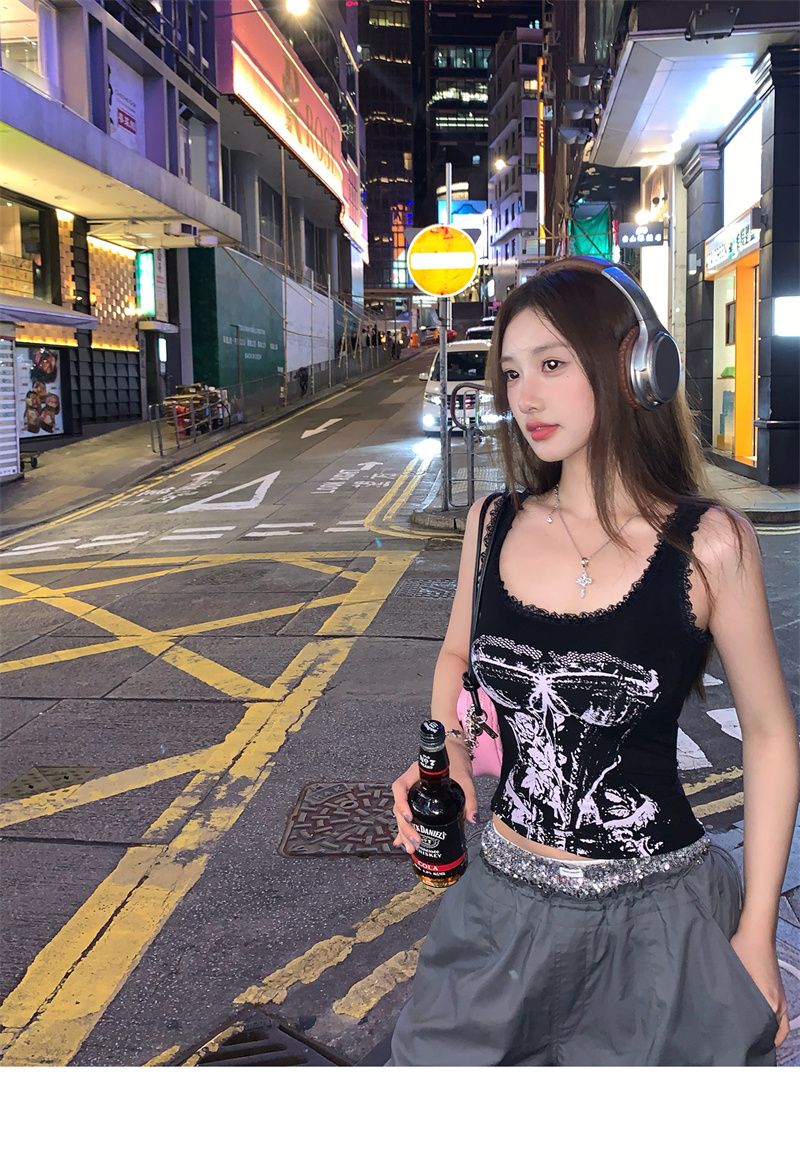 Hot Girl Retro European And American High Street Camisole For Women, Spring/summer Lace Trim Patchwork Slim-fit Short_ecoleips.com