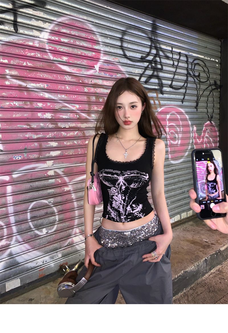 Hot Girl Retro European And American High Street Camisole For Women, Spring/summer Lace Trim Patchwork Slim-fit Short_ecoleips.com