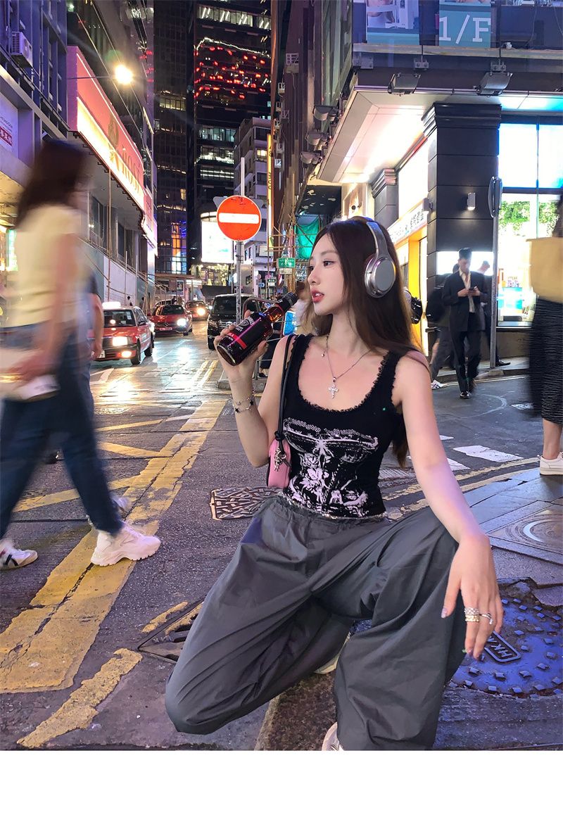 Hot Girl Retro European And American High Street Camisole For Women, Spring/summer Lace Trim Patchwork Slim-fit Short_ecoleips.com