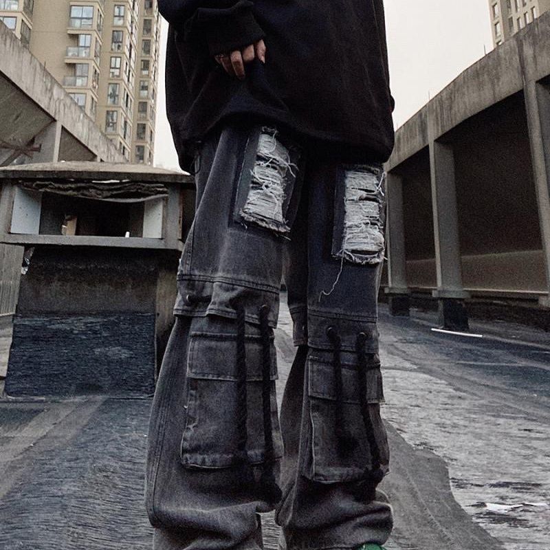Jean vintage américain tendance style hip-hop à grandes poches, coupe ample, pantalon droit rétro à jambes larges_voghion.com