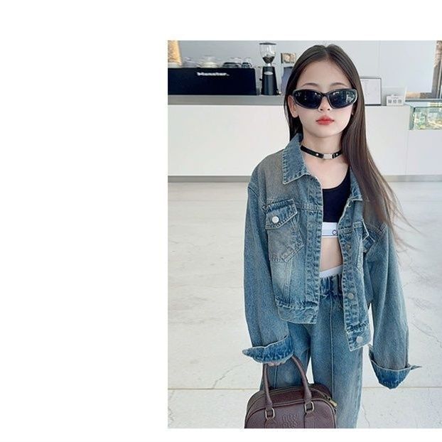Lässiges Mädchen-Outfit für ältere Kinder, Frühjahr 2024, zweiteiliges, vielseitiges und trendiges Denim-Set_voghion.com
