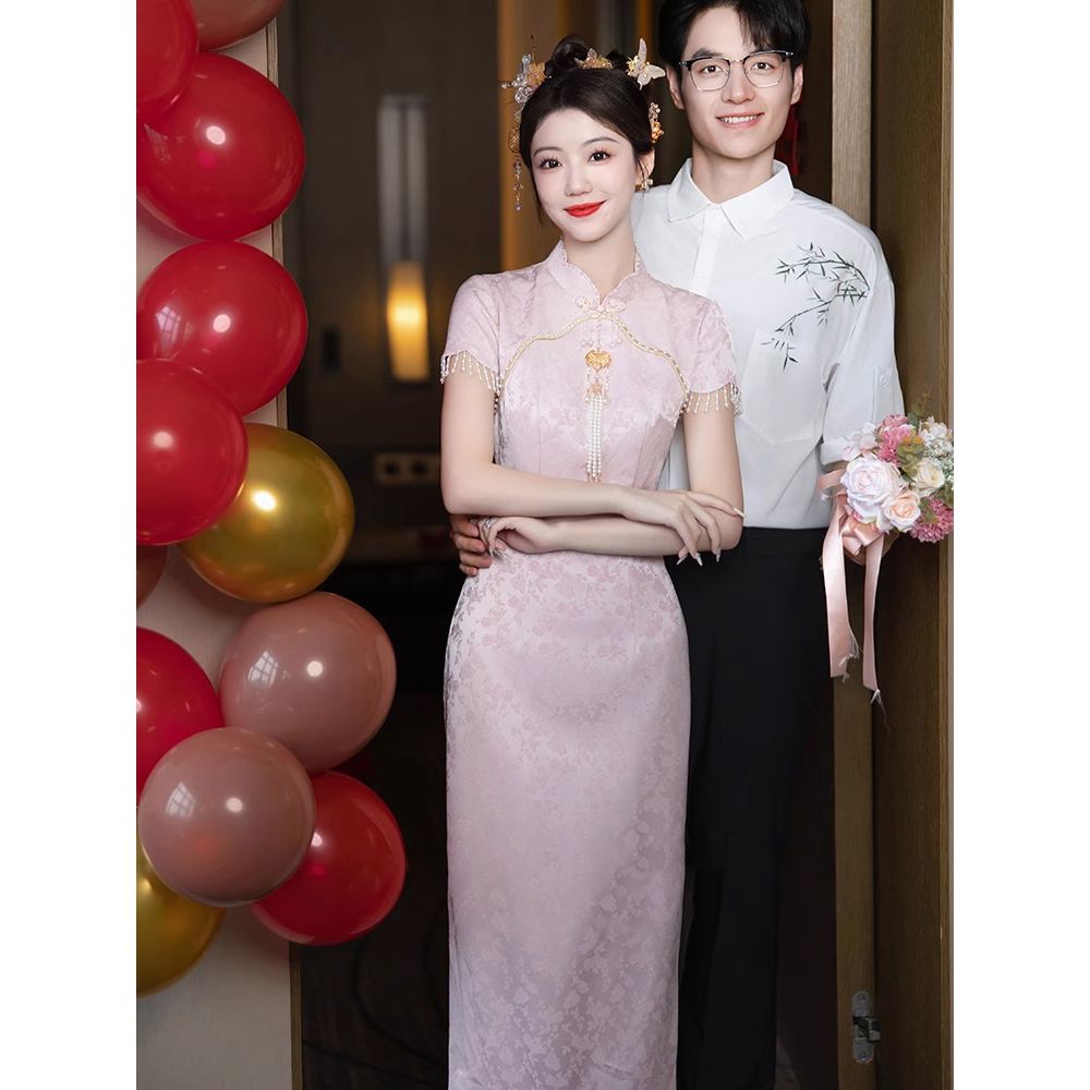 粉色立领新中式改良旗袍敬酒服小个子年轻款出阁嫁衣回门便装长款