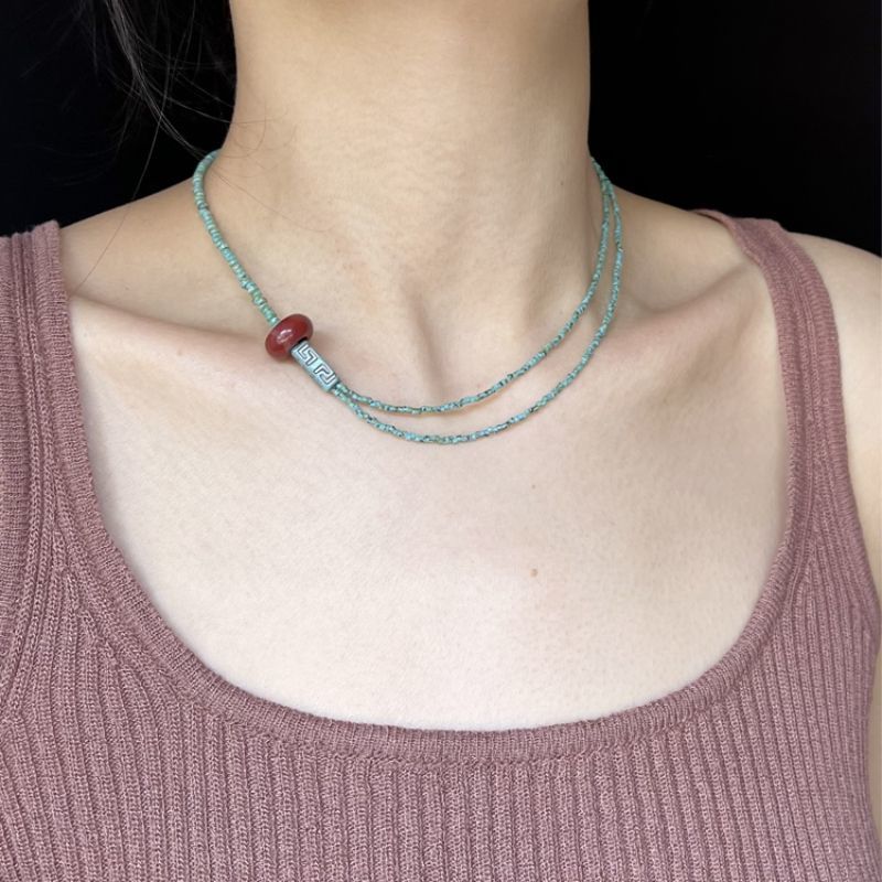 Czech Bead Necklace Lake Blue Retro Double Layer Collarbone Chain_voghion.com