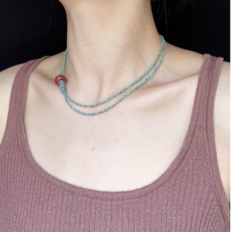 Czech Bead Necklace Lake Blue Retro Double Layer Collarbone Chain_voghion.com