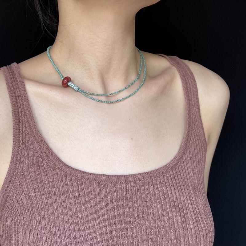 Czech Bead Necklace Lake Blue Retro Double Layer Collarbone Chain_voghion.com