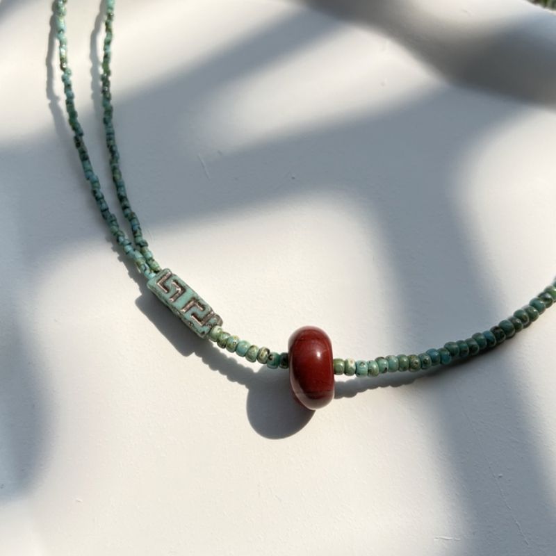 Czech Bead Necklace Lake Blue Retro Double Layer Collarbone Chain_voghion.com